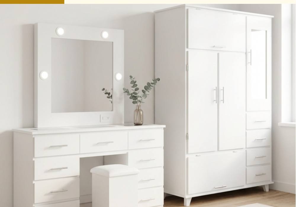 Tocador vanity con espejo y taburete tapizado
